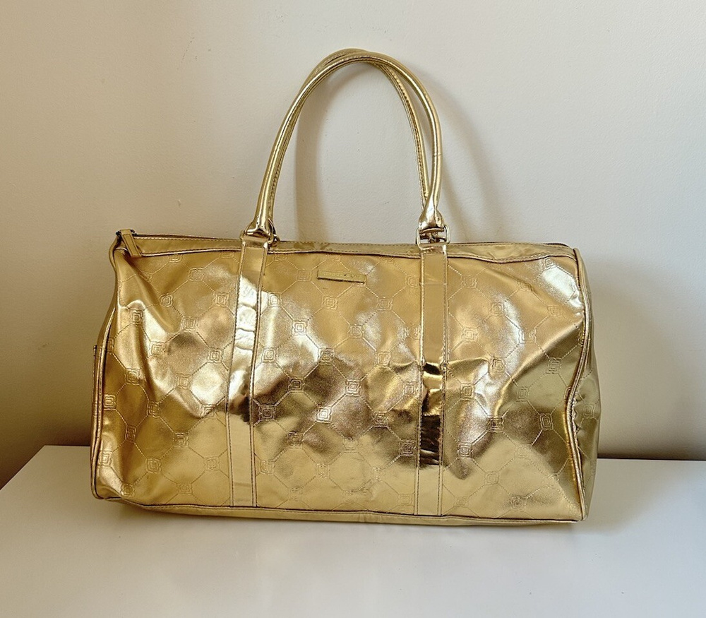 BCBG Max Azria Gold Metallic Weekender Duffel Bag Large Monogram Pattern